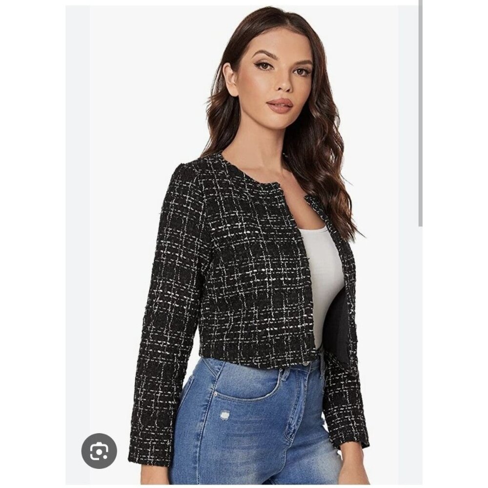 Ci Sono Womens Tweed Plaid Open Front Jacket Black/White‎ L
